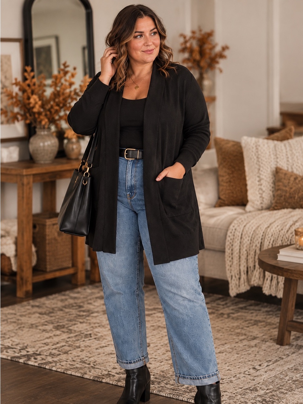 Addition Elle Black Open Front Longline Cardigan Sweater Plus Size 2X